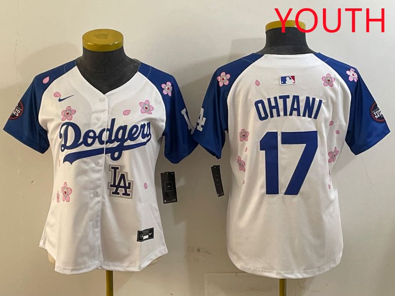 Youth Los Angeles Dodgers #17 Ohtani White Blue Sakura Edition 2025 Nike MLB Jersey style 9->youth mlb jersey->Youth Jersey